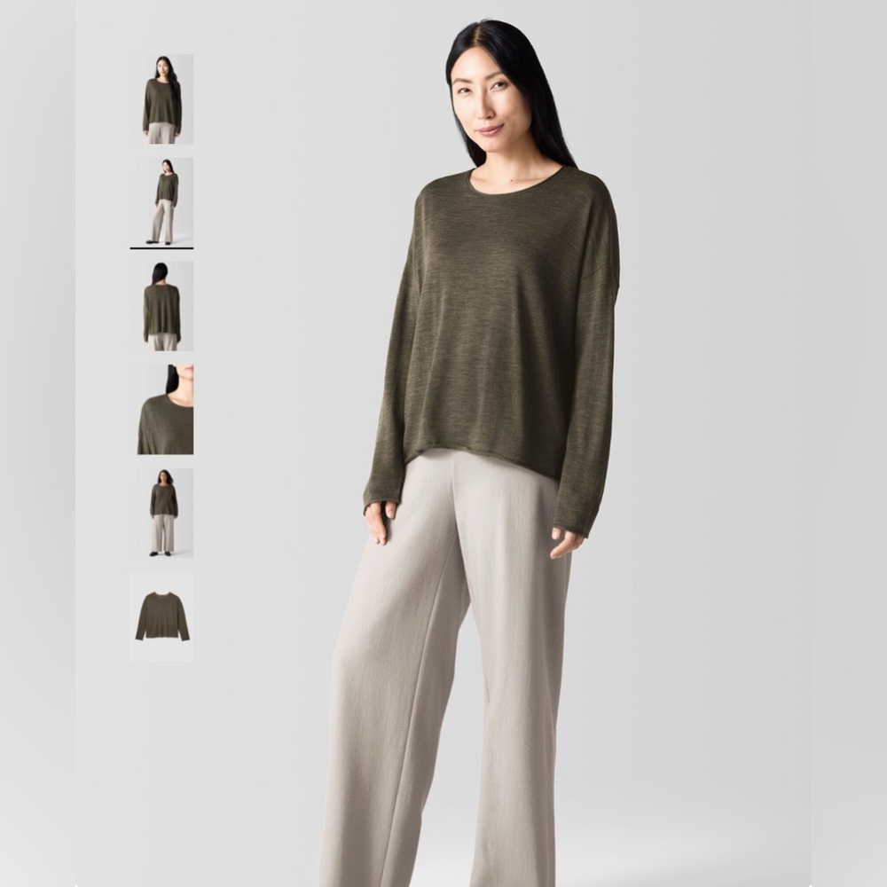 $228 Eileen Fisher Fine Merino Box-Top in Regenerative Wool Wren moss brown XXS